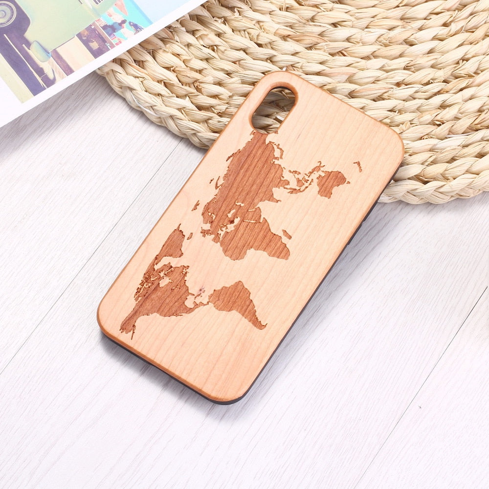 World Map Engraved Cherrywood/Rosewood Case For iPhone 12 11 Pro Max Mini, SE 3 2022 2020, X Xs Xr Max, 7 8 Plus