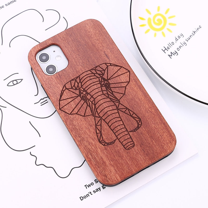 Rosewood Geometric Carved Elephant Case For iPhone 13 pro max, 12 11 Pro Max Mini, SE 3 2022 2020, X Xs Xr Max, 7 8 Plus.