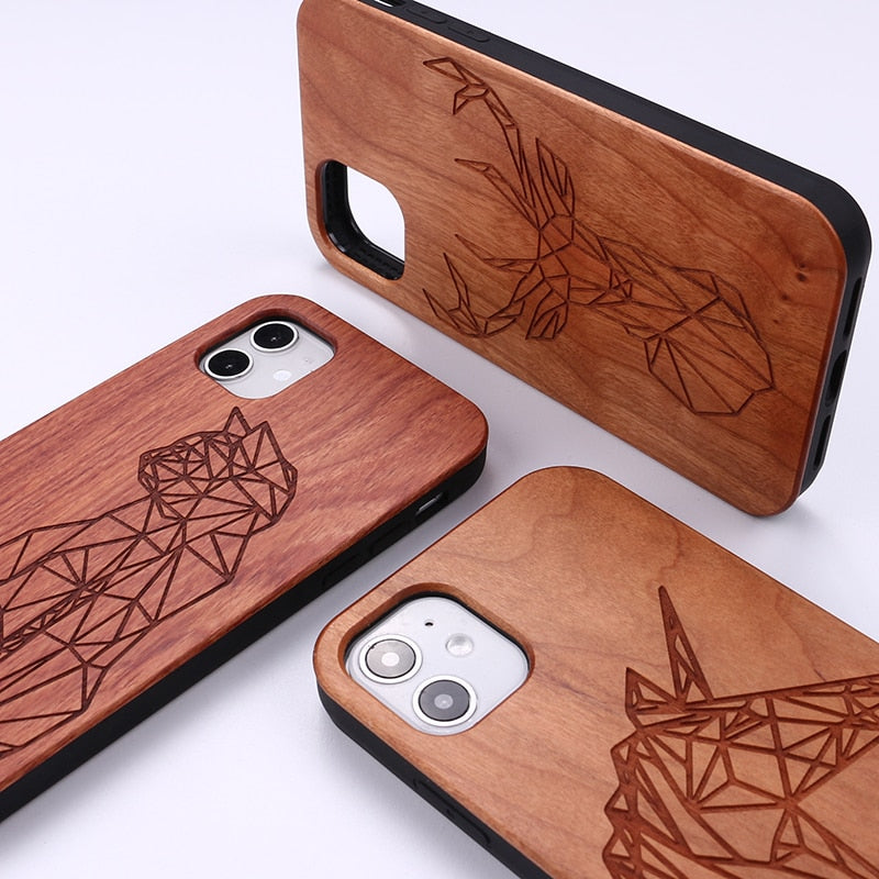 Rosewood Geometric Carved Unicorn Case For iPhone 13 pro max, 12 11 Pro Max Mini, SE 3 2022 2020, X Xs Xr Max, 7 8 Plus.