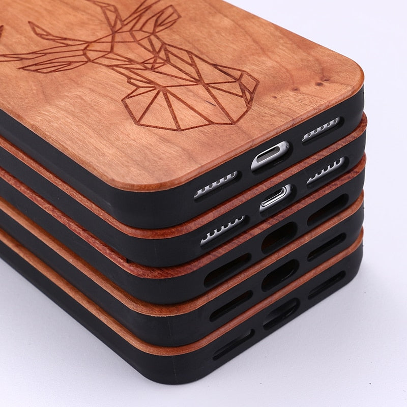 Coque Licorne sculptée géométrique en bois de cerisier pour iPhone 13 pro max, 12 11 Pro Max Mini, SE 3 2022 2020, X Xs Xr Max, 7 8 Plus.