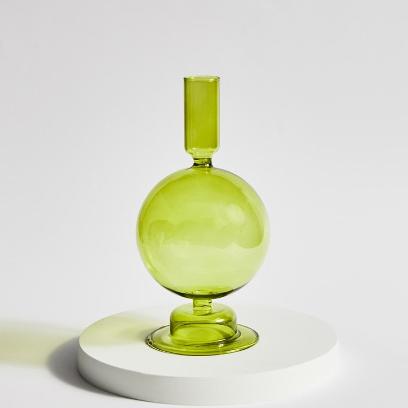 Nordic Green Yellow Glass Candle Holder and Vase Home Decor Gift for Wedding Birthday Christmas