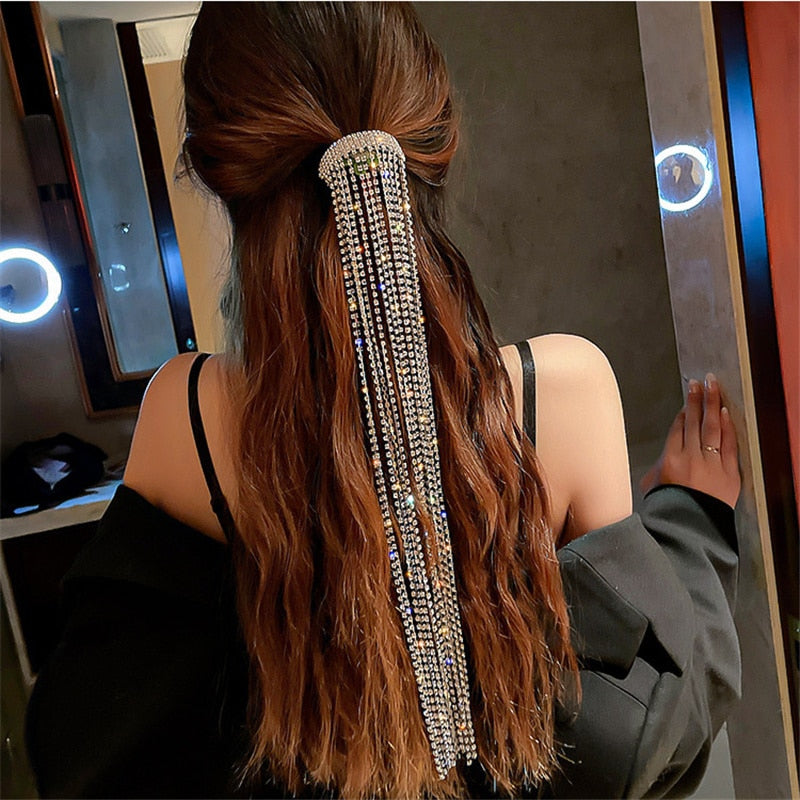 Long Tassel Bling Bling Hair Barrette For Pony Tail Stunning Statement Jewelry Gift for Wedding and Party
