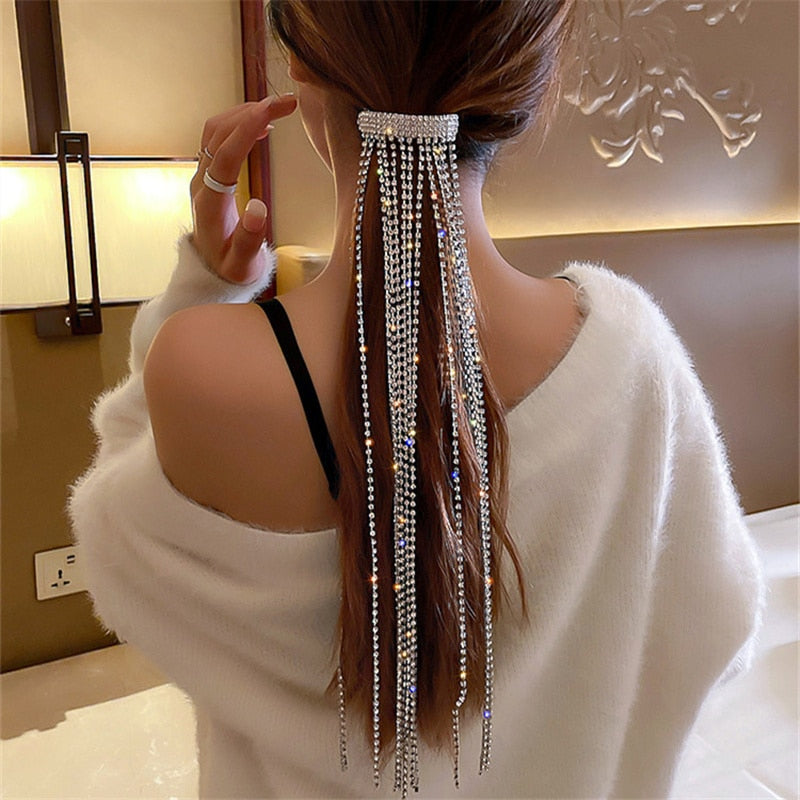 Long Tassel Bling Bling Hair Barrette For Pony Tail Stunning Statement Jewelry Gift for Wedding and Party