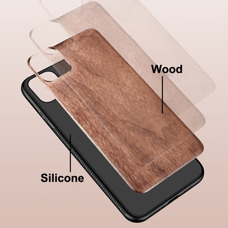 für iPhone 13 12 Pro Max Mini 11 Max XS XR SE2 X 7 8 Plus Hülle Echtholz stoßfeste Rückseite mit Holzband