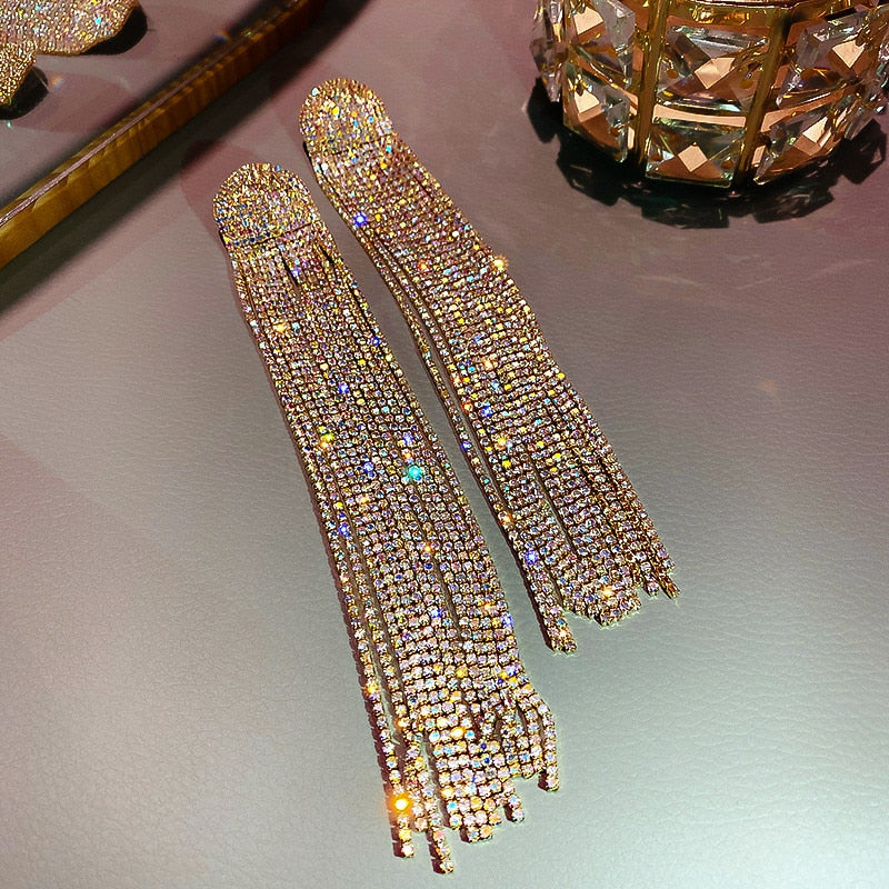 Sparkly Long Tassel Full of Crystal Dangle Earrings Statement Jewelry Gift For Weddings and Parties